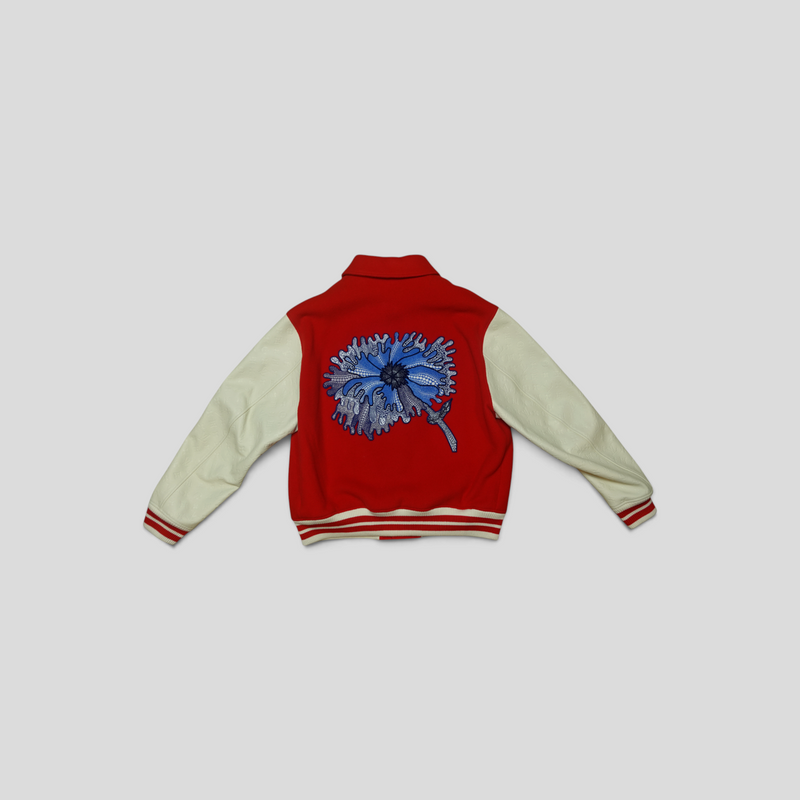 CLB XXIII Louis Vuitton x Yayoi Kusama red and white wool varsity jacket with blue flower embroidery on the back