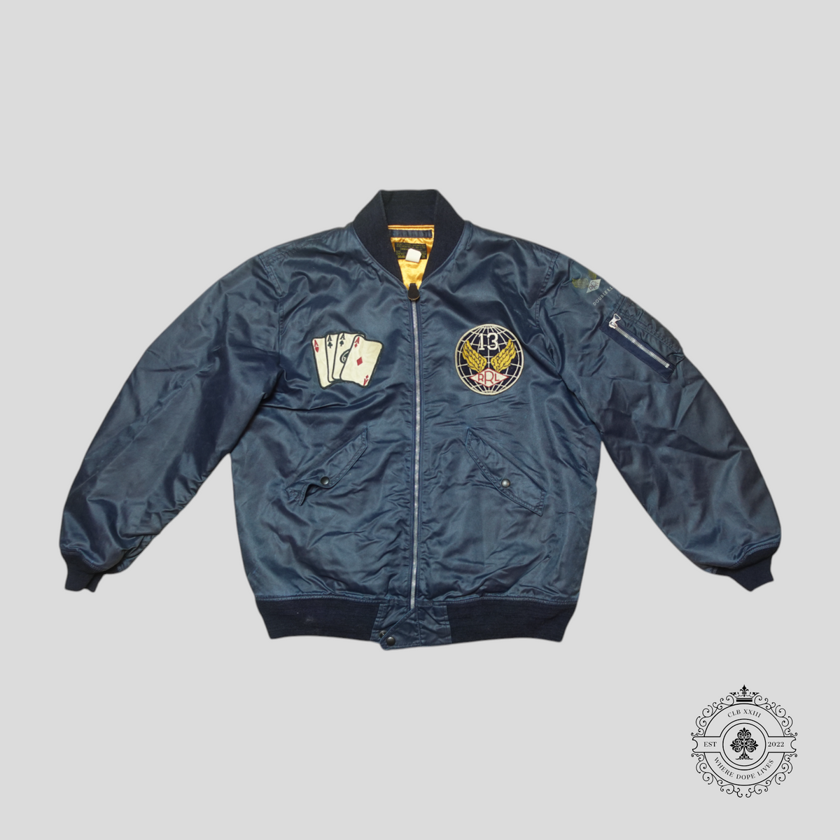 RRL Playing Card Patch Nylon Bomber Jacket in Navy/Orange