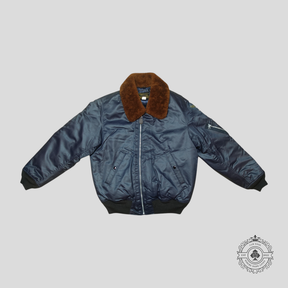 RRL Padded Shearling Bomber Jacket in Navy