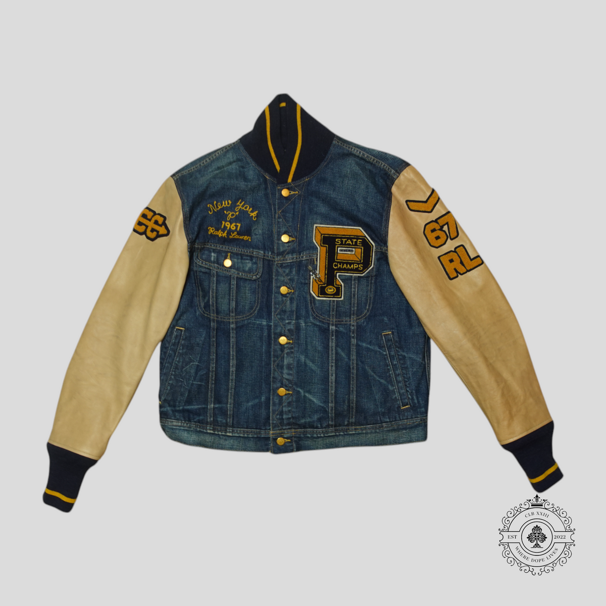 Ralph Lauren Limited Edition RL Tigers State Champs Denim Varsity Jacket in Blue/Tan