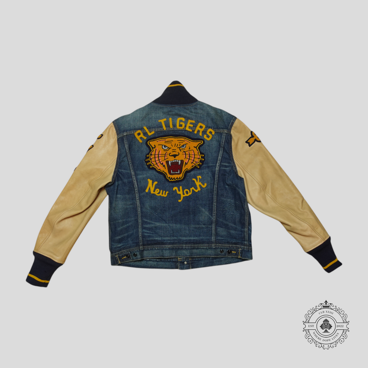 Ralph Lauren Limited Edition RL Tigers State Champs Denim Varsity Jacket in Blue/Tan