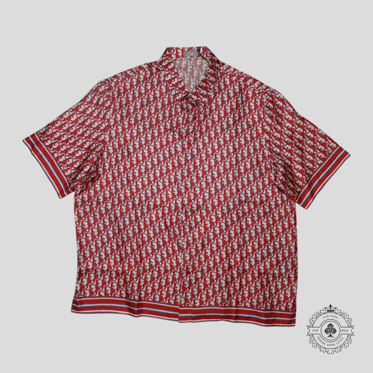 Dior Oblique Button Up Silk Shirt in Red/White