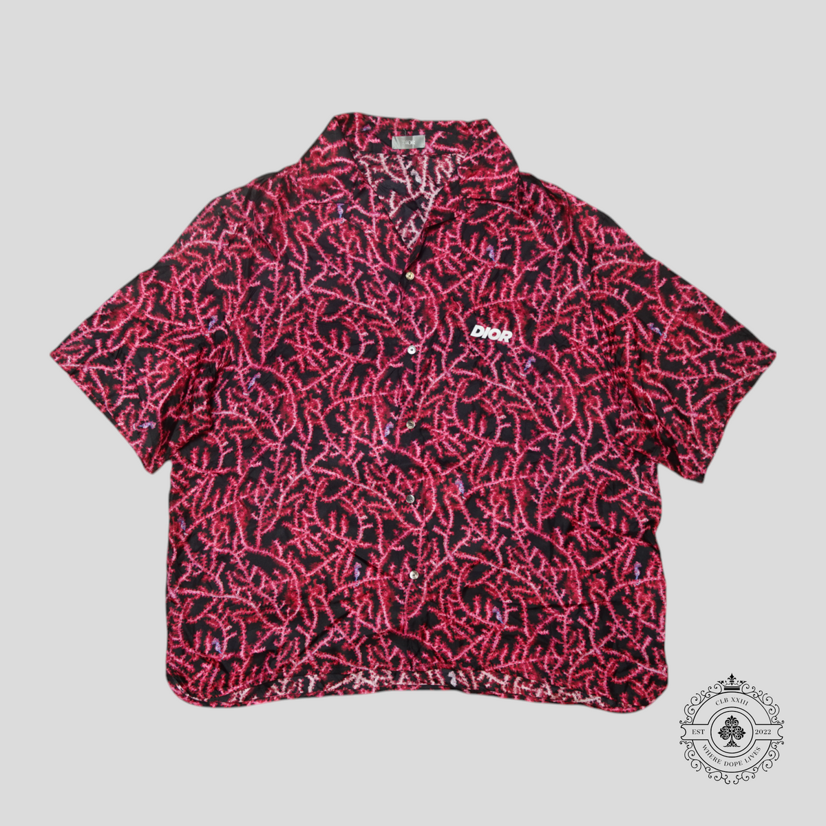 Dior Italic Logo Coral Motif Button Up Silk Shirt in Red/Black