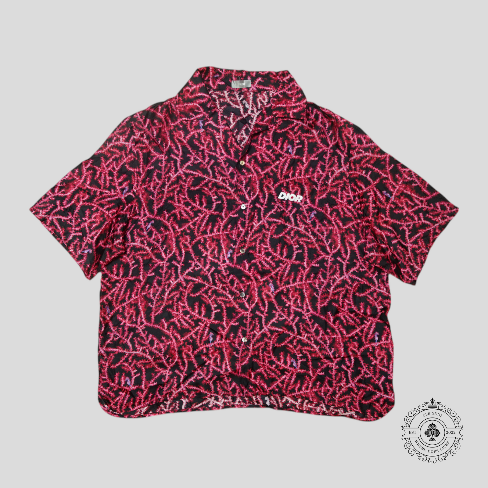Dior Italic Logo Coral Motif Button Up Silk Shirt in Red/Black