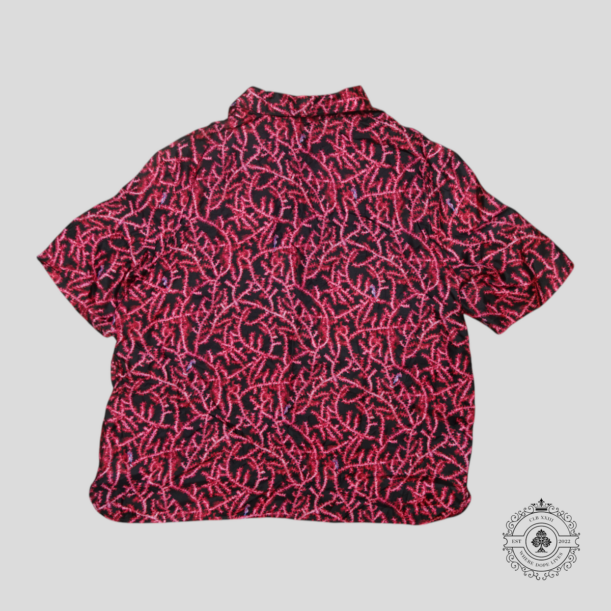 Dior Italic Logo Coral Motif Button Up Silk Shirt in Red/Black