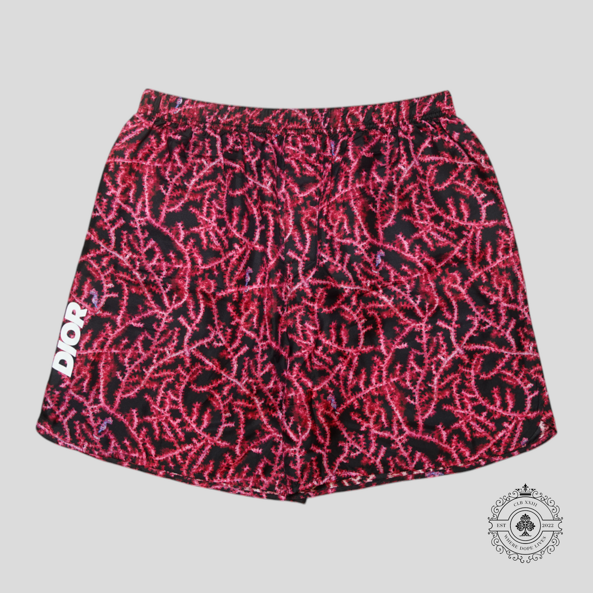 Dior Italic Logo Coral Motif Silk Shorts in Red/Black