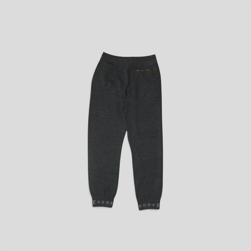 CLB XXIII Louis Vuitton grey wool blend track pants with monogram ankle cuffs and a back zipper pocket