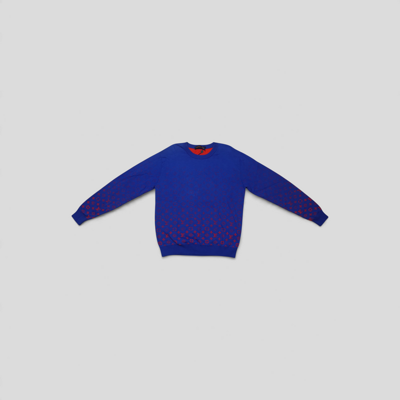 CLB XXIII Louis Vuitton blue and red cotton sweater featuring a monogram degrade jacquard pattern
