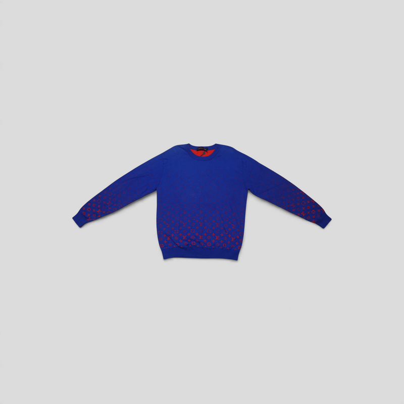 CLB XXIII Louis Vuitton blue and red cotton jacquard sweater featuring a monogram degrade pattern