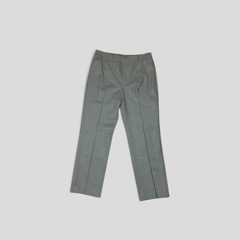 CLB XXIII Louis Vuitton grey wool-blend tailored track pants with elastic waistband and subtle logo detail.