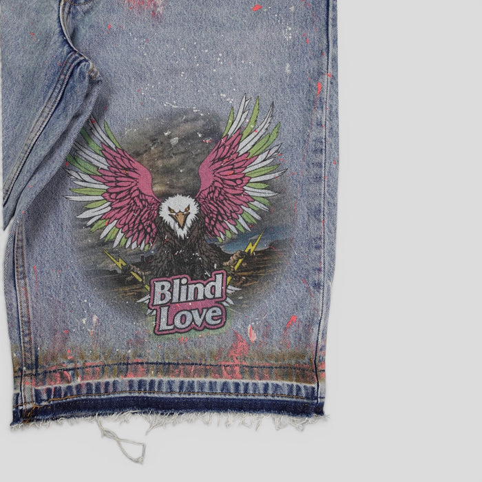 Blind Love Eagle Shorts in Light Wash