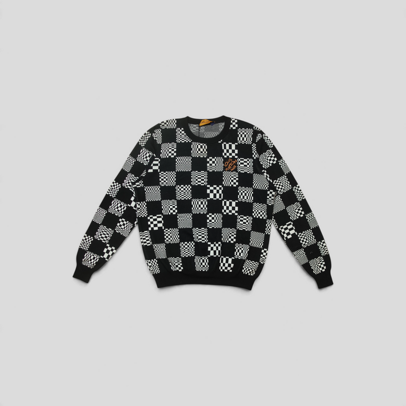 CLB XXIII Louis Vuitton black and white Damier distorted jacquard cotton blend pullover sweater with logo patch