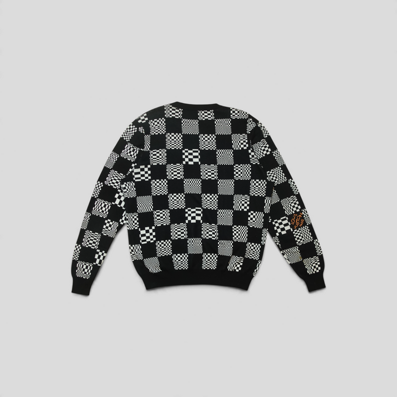 CLB XXIII Louis Vuitton black and white Damier distorted jacquard cotton blend pullover sweater back view