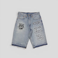 Blind Love B Love Checkered Shorts in Light Wash