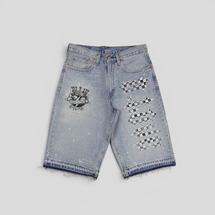 Blind Love B Love Checkered Shorts in Light Wash