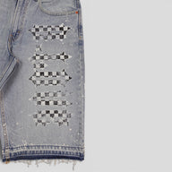 Blind Love B Love Checkered Shorts in Light Wash
