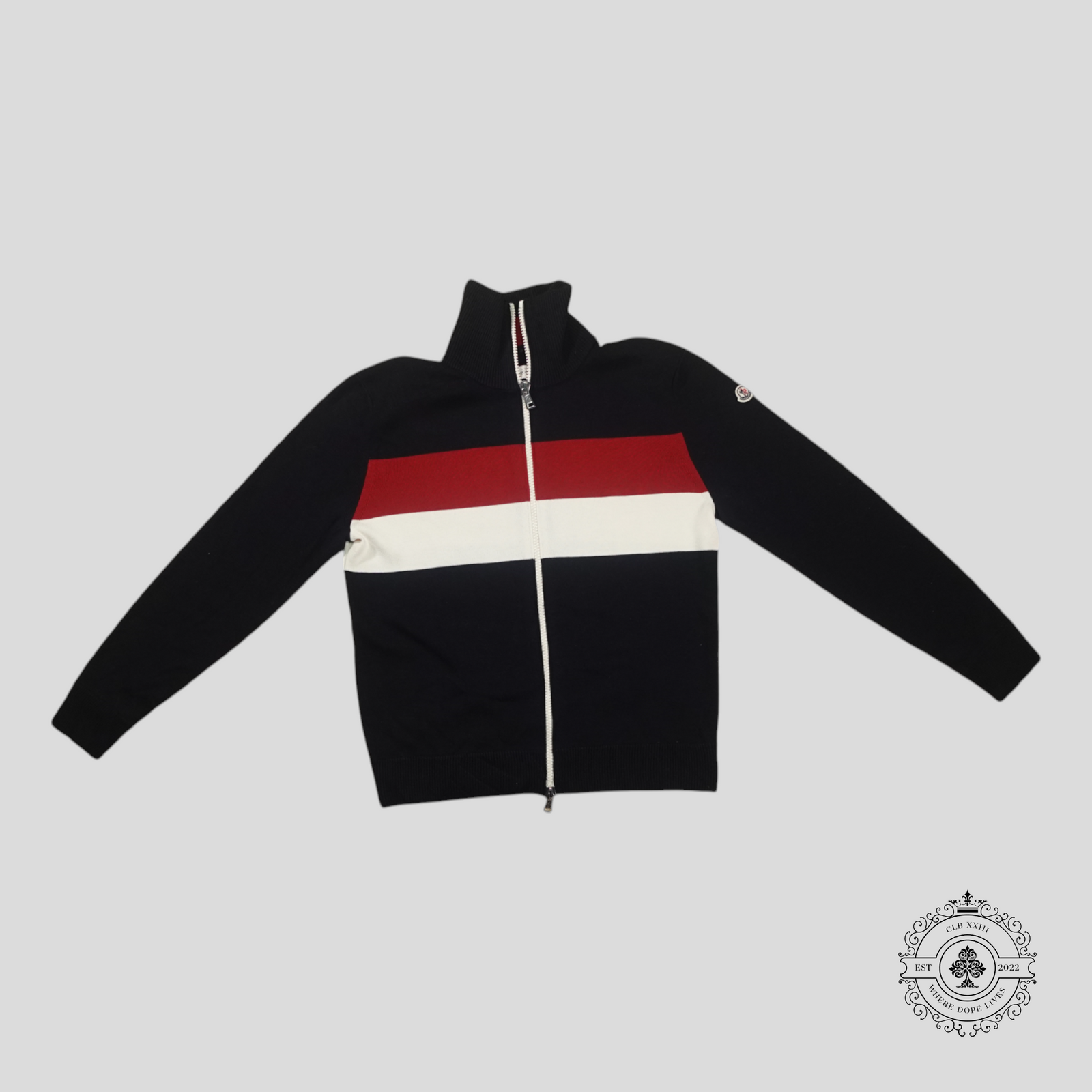 Moncler Striped Zip Up Cardigan in Navy Blue