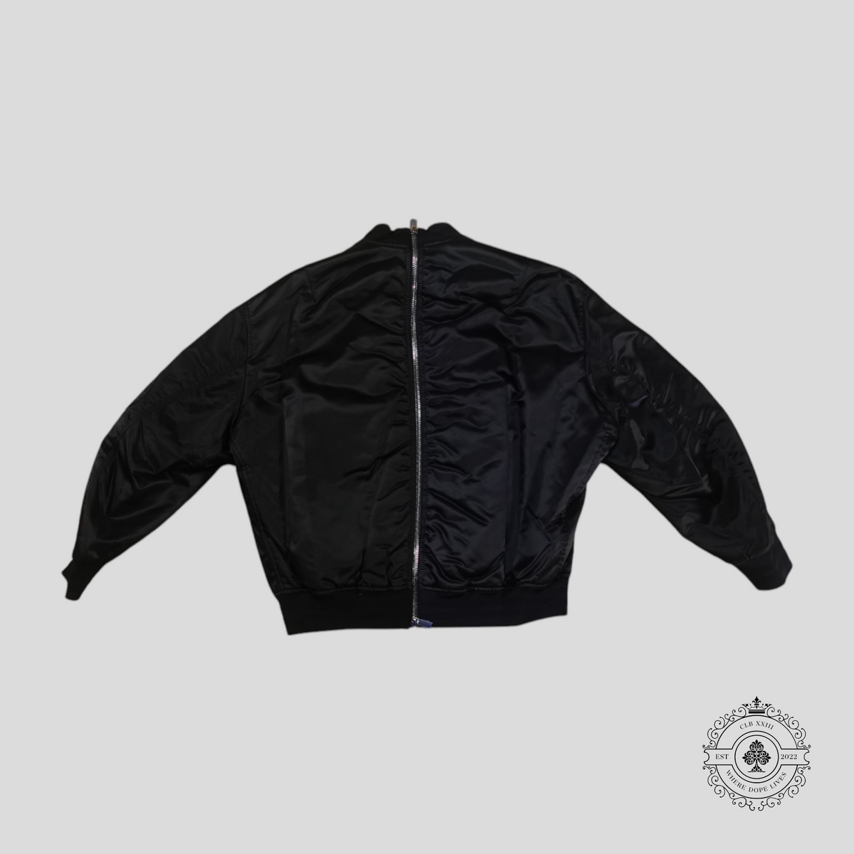 Dior X Judy Blame Embroidered Logo Two Tone Zipped Back Bomber Jacket in Black/Navy Blue