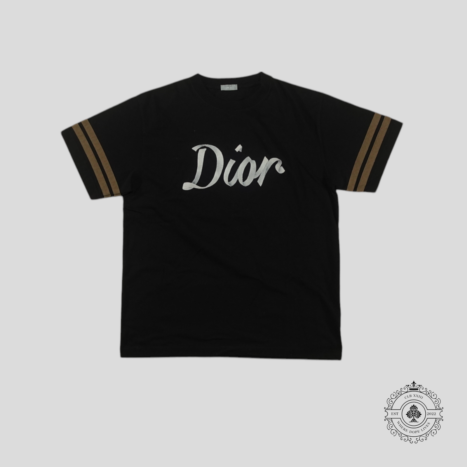 Dior Metallic Ribbon Logo Striped Sleeve T-Shirt in Black