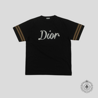Dior Metallic Ribbon Logo Striped Sleeve T-Shirt in Black
