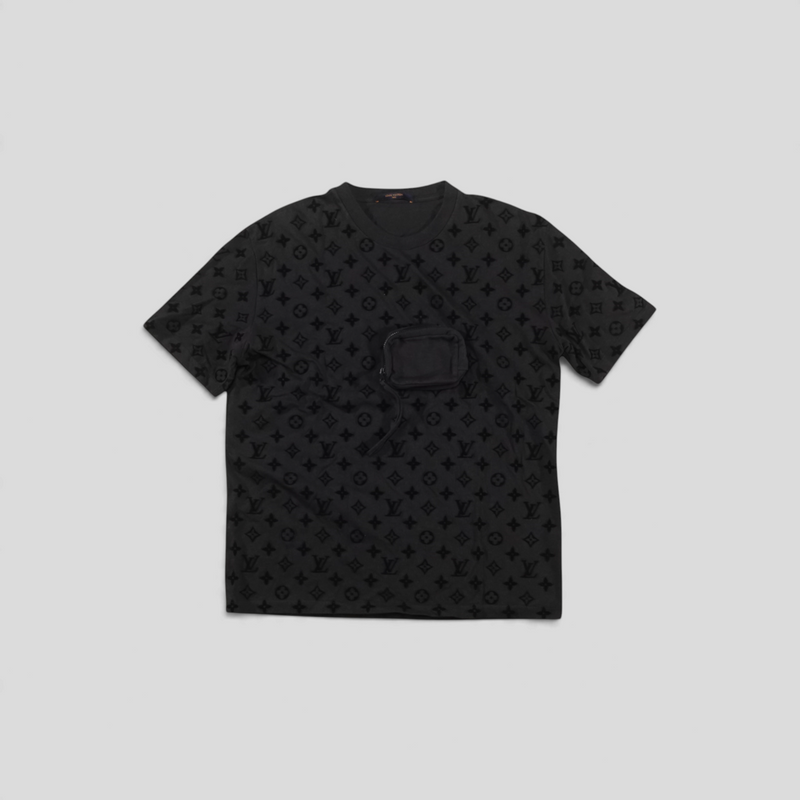CLB XXIII grey Louis Vuitton cotton t-shirt featuring an all-over monogram flocked pattern and a front zip pocket.