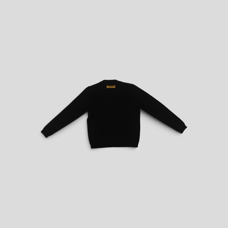 CLB XXIII Louis Vuitton black wool crewneck sweater with embroidered LV Tools detail, back view.