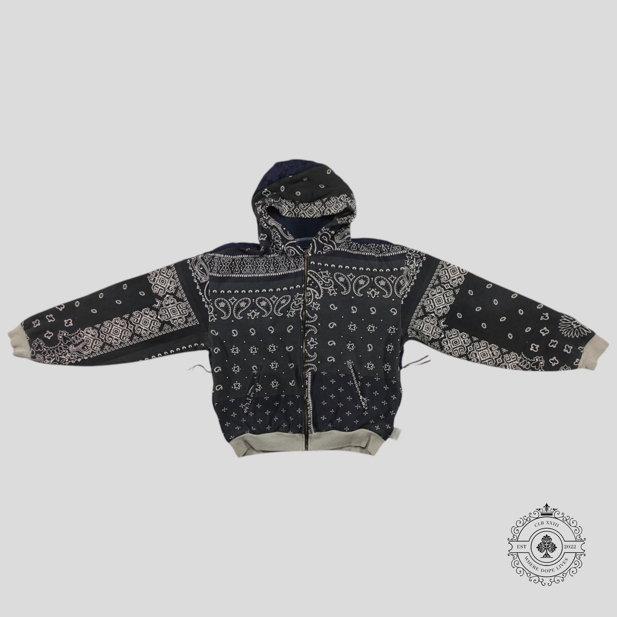 Kapital Bandana Bivouac Hooded Blouson in Grey/Navy Blue