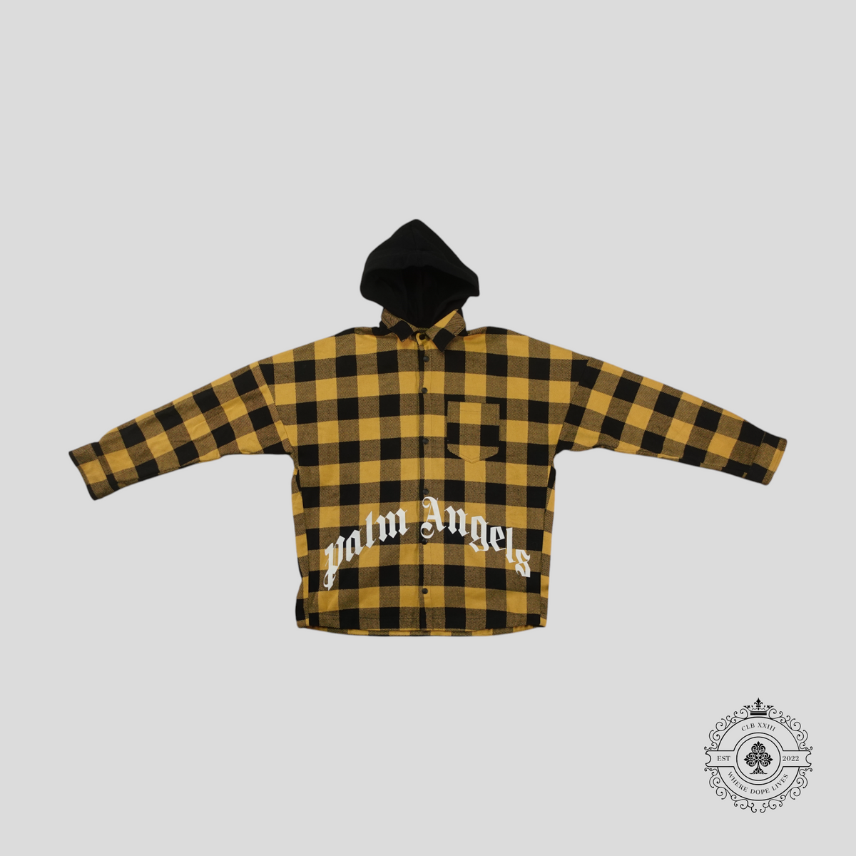 Palm Angels Checked Flannel Hooded Overshirt in Yellow/Black