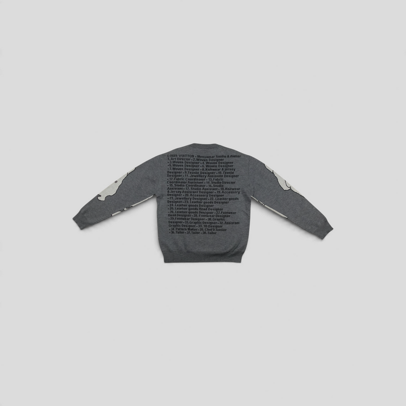 CLB XXIII Louis Vuitton grey wool jacquard sweater featuring a detailed studio and atelier staff list on the back