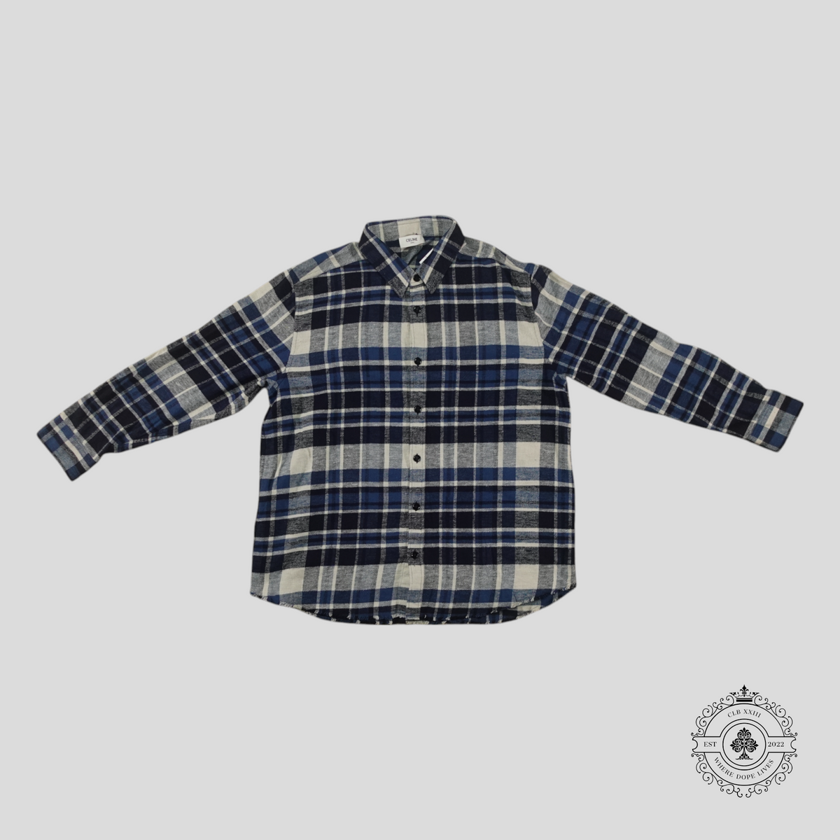 Celine Distressed Flannel Shirt in Blue