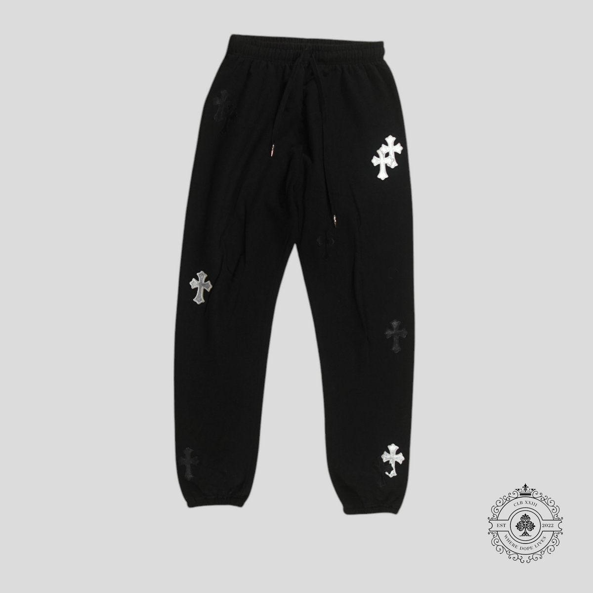 Chrome Hearts Leather Cross Patch Spike Pendant Drawstring Sweatpants in Black