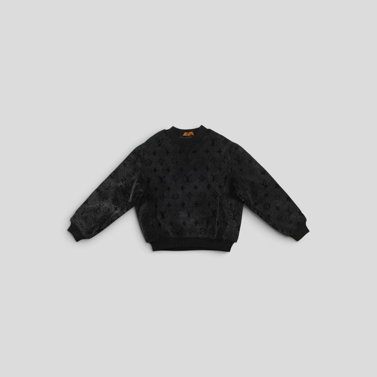 CLB XXIII Louis Vuitton grey shearling crewneck sweater featuring an all-over embossed monogram pattern.