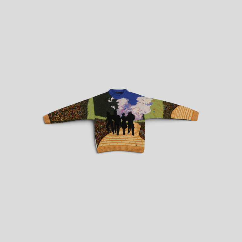 CLB XXIII Louis Vuitton Wizard of Oz multicolor wool jacquard sweater featuring a yellow brick road graphic design