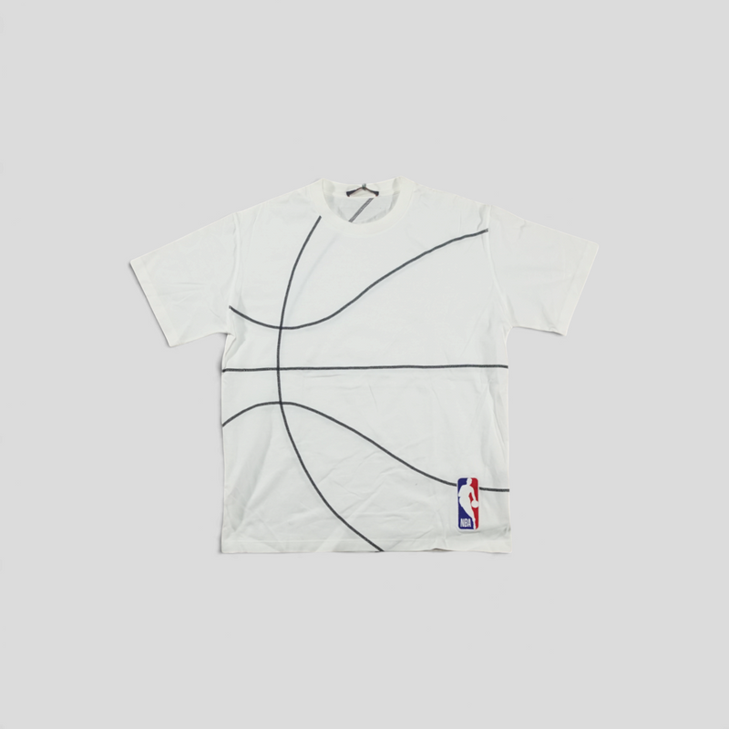 CLB XXIII white cotton Louis Vuitton X NBA t-shirt featuring a black embroidered basketball graphic and NBA logo patch