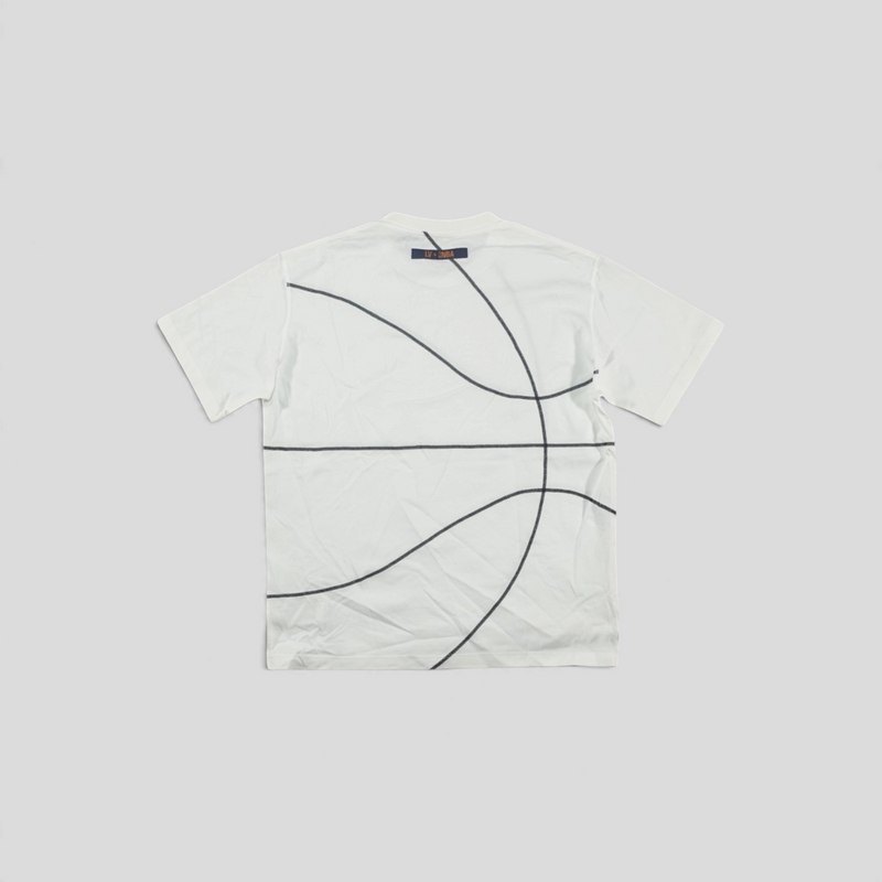 CLB XXIII Louis Vuitton X NBA white cotton t-shirt with black embroidered basketball line graphic on the back