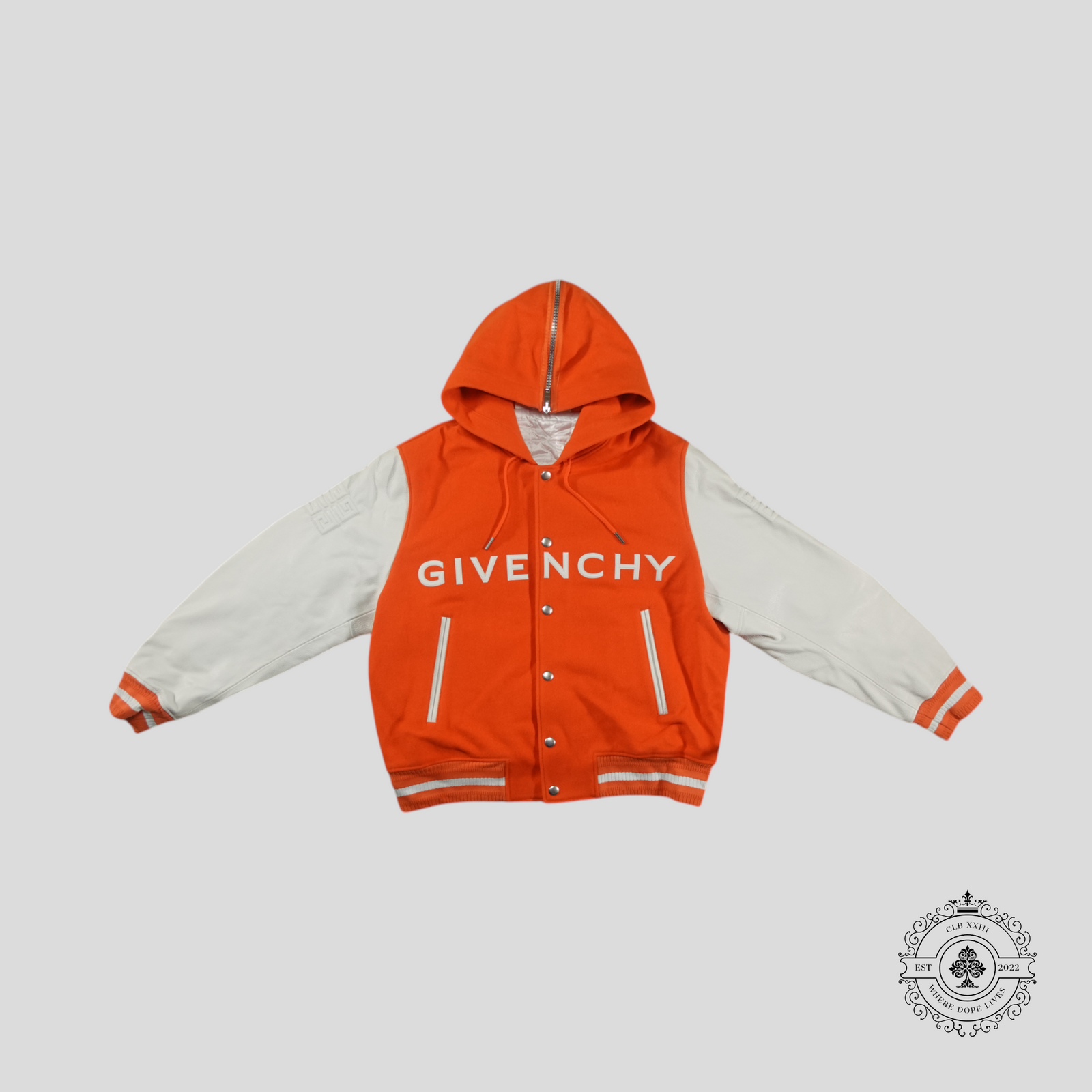 Givenchy Hooded Varsity Jacket in Orange/White