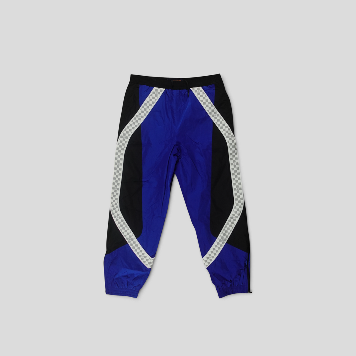 CLB XXIII Louis Vuitton blue and black nylon trackpants featuring a checkered pattern along the leg panels