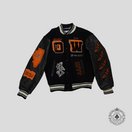 Off White Laboratory of Fun Varsity Jacket in Black/Orange