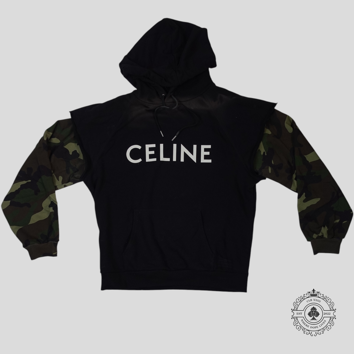 Celine Cut Sleeve Hoodie in Black/Camo