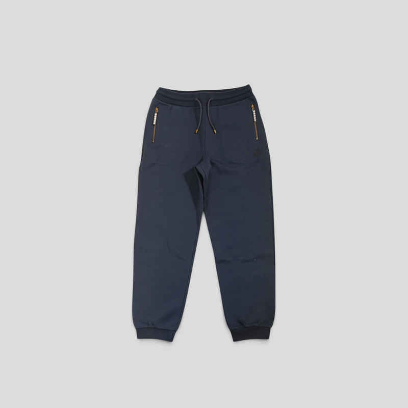 CLB XXIII Louis Vuitton dusty blue cotton blend track pants with gold zippered pockets and ribbed cuffs