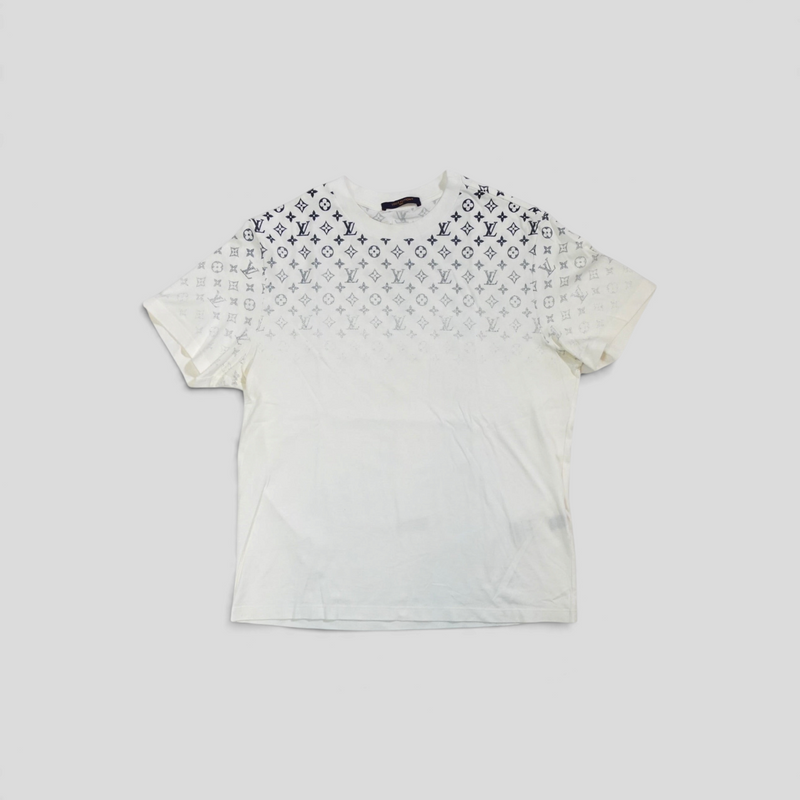 CLB XXIII Louis Vuitton white cotton t-shirt featuring a blue monogram gradient pattern on the chest and shoulders.