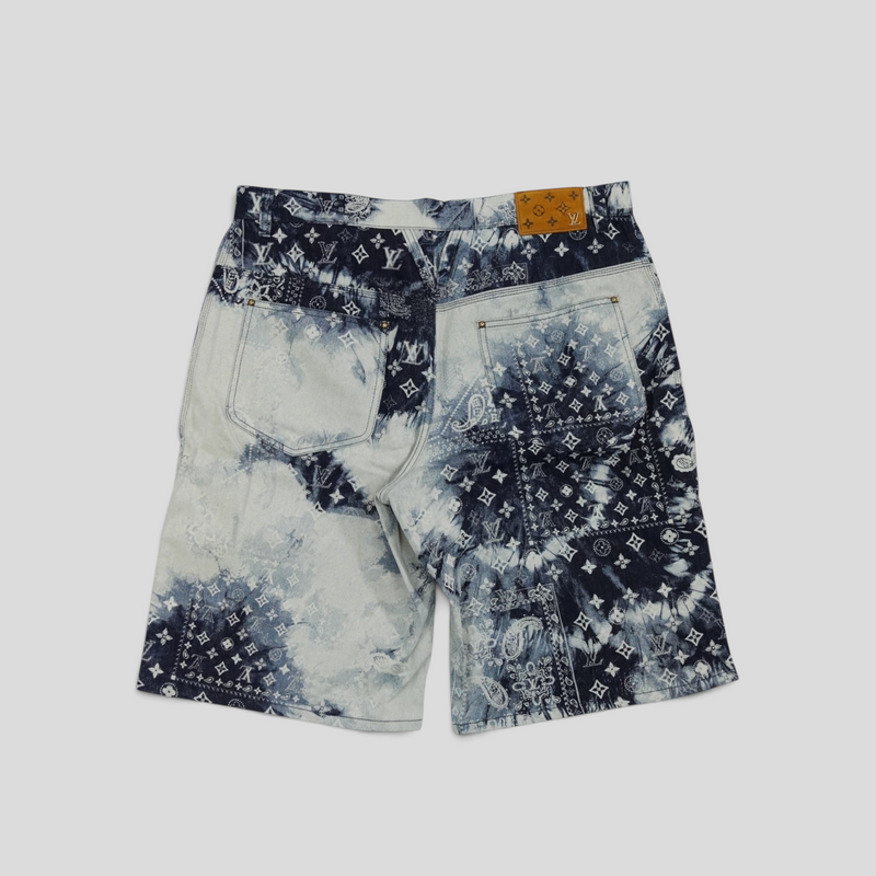 CLB XXIII Louis Vuitton blue denim shorts featuring a monogram bandana patchwork print and a leather back patch.