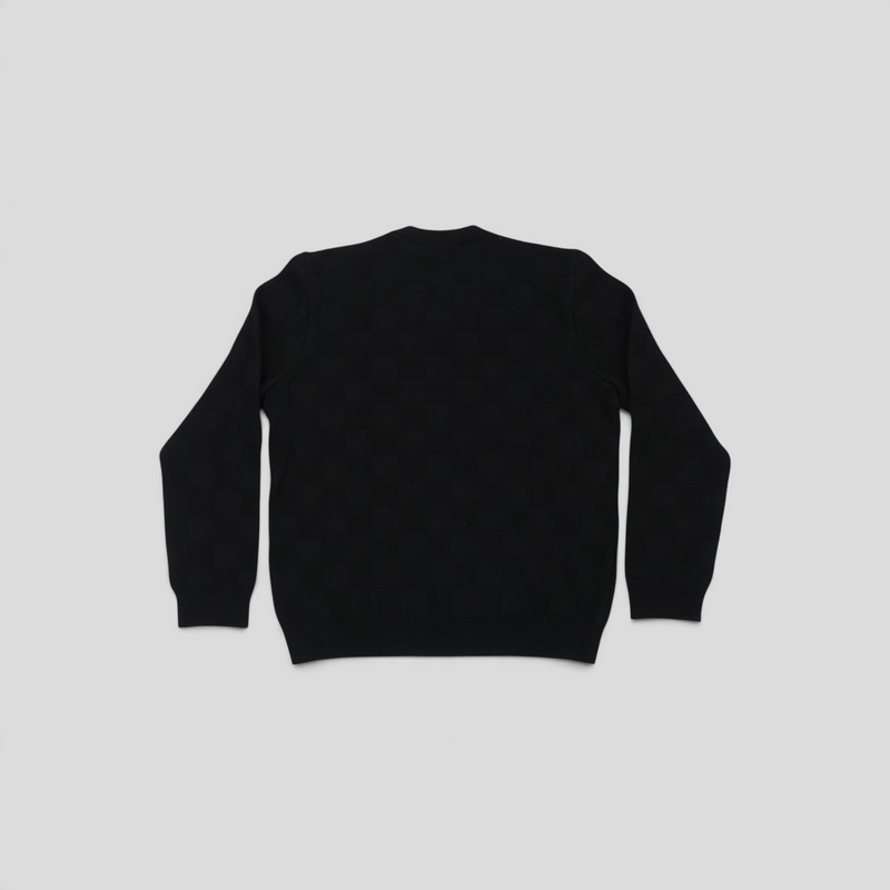 CLB XXIII Louis Vuitton black wool pullover featuring a subtle Damier pearl embroidered checkerboard pattern