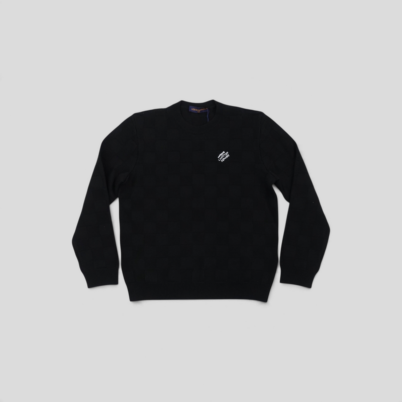 CLB XXIII Louis Vuitton black wool pullover featuring a subtle Damier check pattern and pearl embroidered logo.