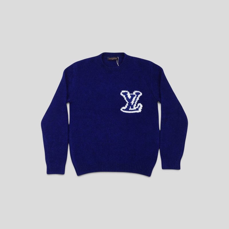 CLB XXIII Louis Vuitton royal blue wool blend jacquard sweater with white LV logo on the chest