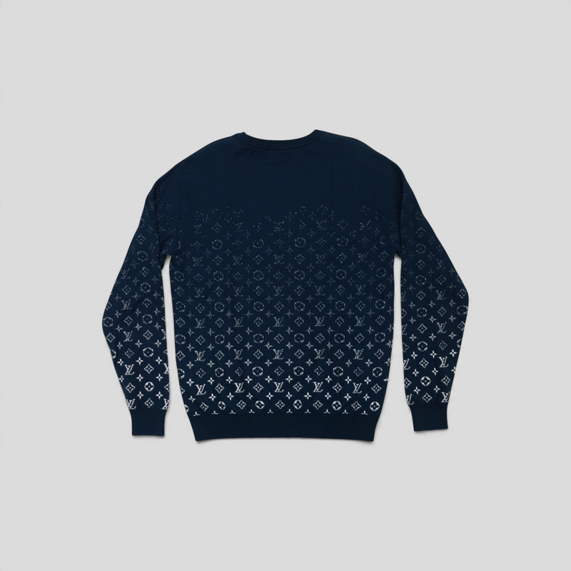 CLB XXIII Louis Vuitton marine green cotton knit sweater featuring a white monogram degrade pattern, back view.