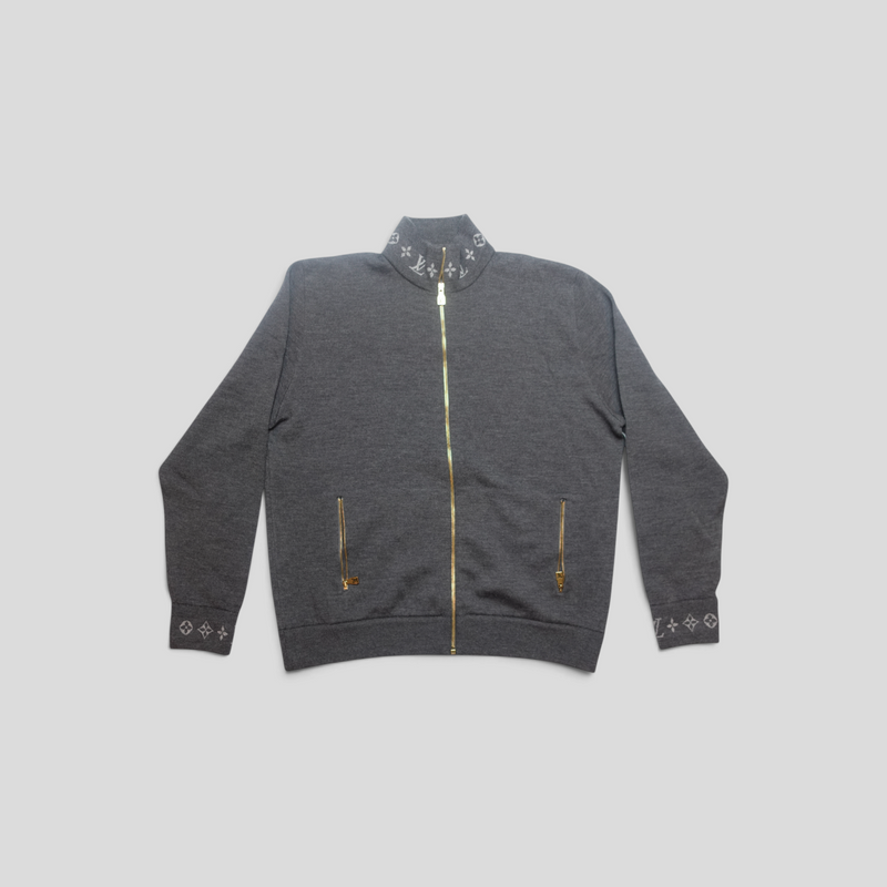 CLB XXIII Louis Vuitton grey double faced knit wool travel blouson with gold zipper and monogram collar and cuffs