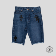 Chrome Hearts Leather Cross Patch Jean Shorts in Dark Wash