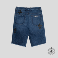 Chrome Hearts Leather Cross Patch Jean Shorts in Dark Wash