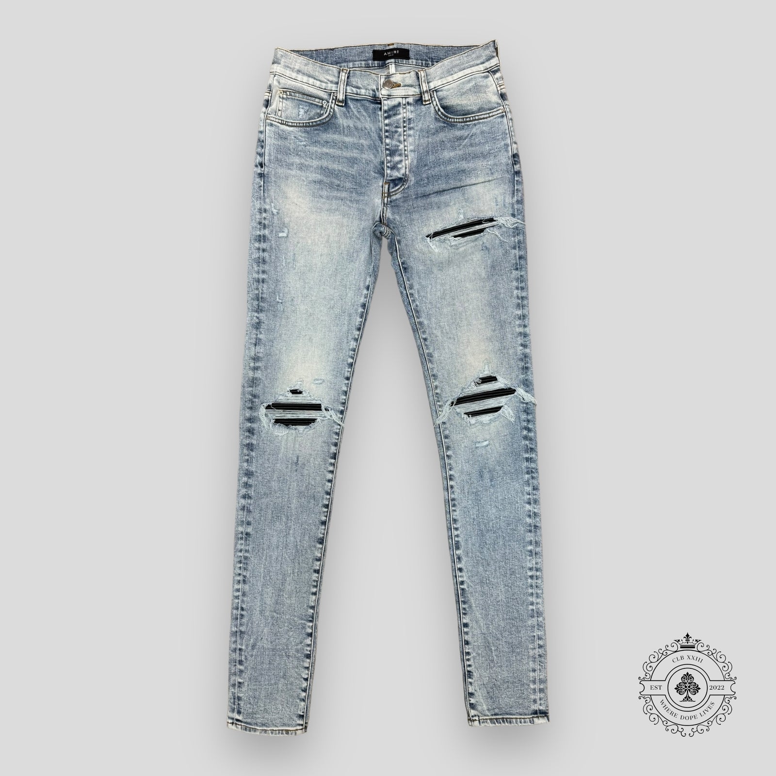 Amiri MX1 Leather Patch Jeans in Stone Indigo